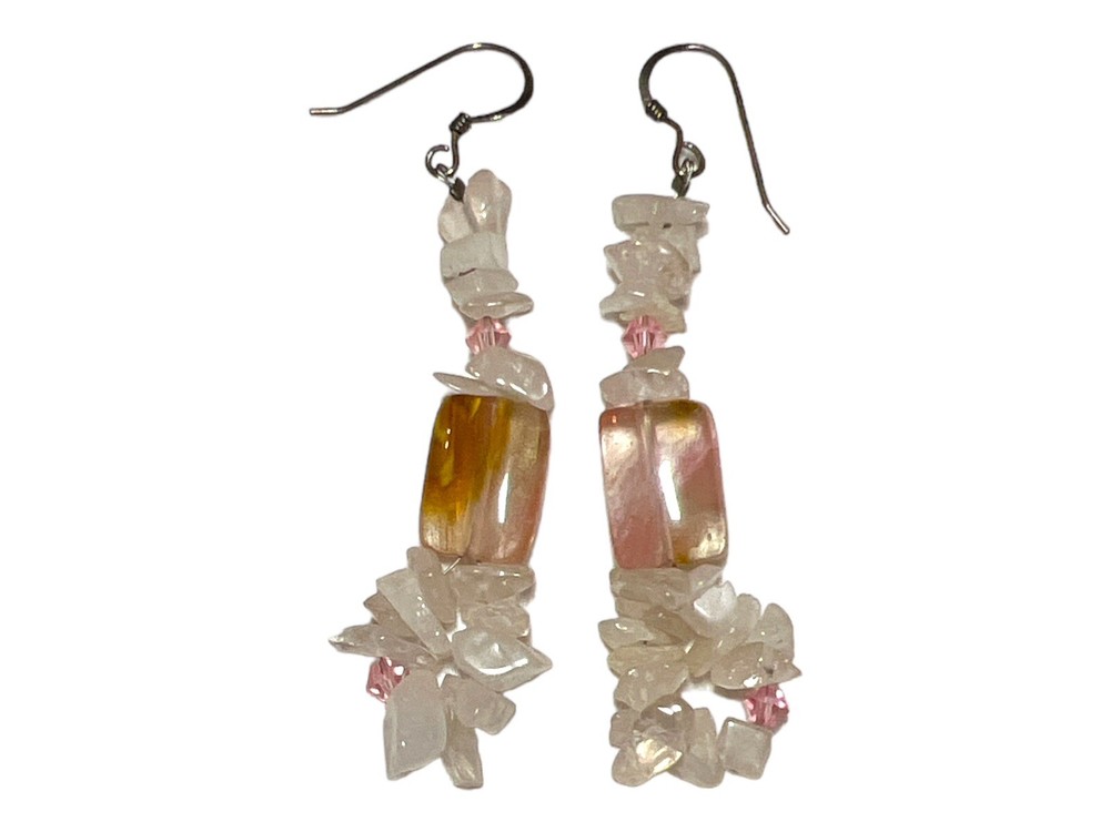 Handmade Beaded Stone Drop/Dangle Earrings 2″L