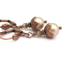 Copper Earrings Champagne Crystal Pearls Dangle Drop Elegant Wedding Bride
