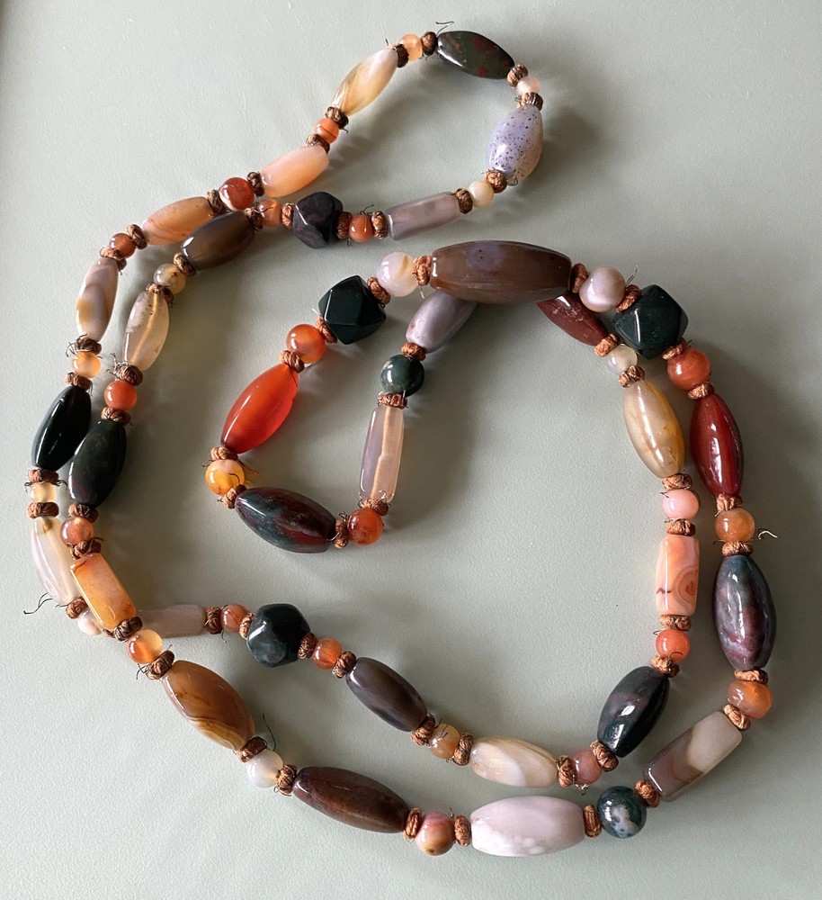 Agate Gemstone Polished Beaded Necklace Bohemian Chic 51 inches LONG Vintage