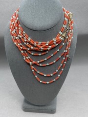 Bohemian Pink Coral Light Blue Mother of Pearl Layering Necklace Gold Plated