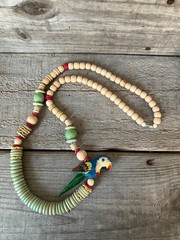 Wooden Disc Bead Hand Painted Parrot Chunky Tropical 30” Necklace