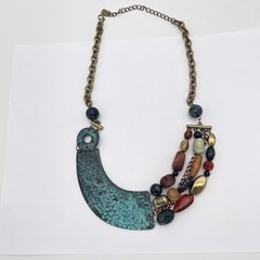 Necklace Mid Century Statement Mixed Bead Brass Chain Yochi NYC Green Bronze Art