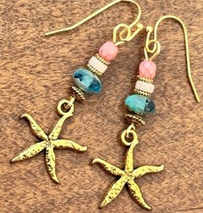 Antique Gold Starfish Dangle Earrings. Beach. Ocean. Coast. Vacation. Summer.