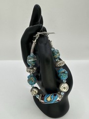 Vintage Handcrafted Blue / green / Red Lampwork Glass Bead Bracelet 925 Silver