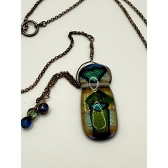 Artisan Dichroic Fused Glass Pendant Necklace Green Blue Iridescent Wire Wrapped
