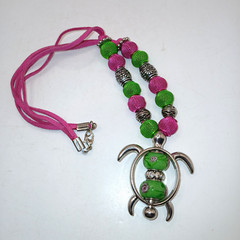 Sea Turtle Pendant Necklace Pink & Green Silver Tone Handmade Whimsical OOAK 19″