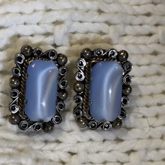 Vintage Mexico Silver Earrings Blue Cats Eye Screw Back 60’s Antique