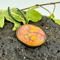 Pendant Necklace Handmade «Molten Sky» Brass Bezel & Tray 38mm Black Cord