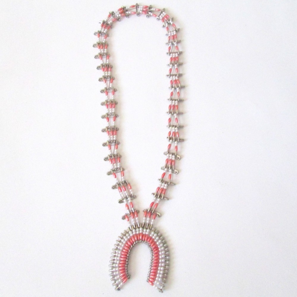 Vintage Handmade Squash Blossom Safety Pin Necklace Pink Beads Faux Pearls 12″