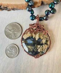 New Handmade Statement Necklace- Wire Wrapped Stone with Black Button Pearls