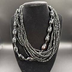 Stunning Multi-Strand Black Crystal & Hematite Statement Necklace Silver Tone 19