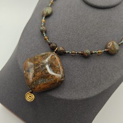 Artisan 18″ Green Opal Necklace Beaded Pendant Brown Green
