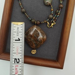Artisan 18″ Green Opal Necklace Beaded Pendant Brown Green