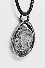 Teardrop Pendant made from Buffalo Nickle & US quarter coin ring 24 Braided cord