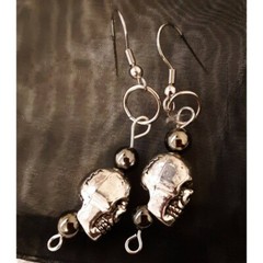 Silver Skull Earrings, Silver skulls and hematite dangle earrings