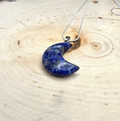 Natural Lapis Lazuli Crescent Moon Pendant Necklace: 925 Sterling Silver Chain