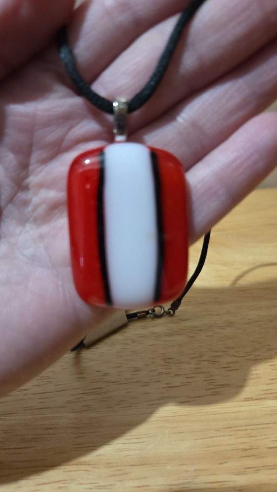 Vibrant Red and White Striped Fused Glass Rectangular Pendant Necklace on Black