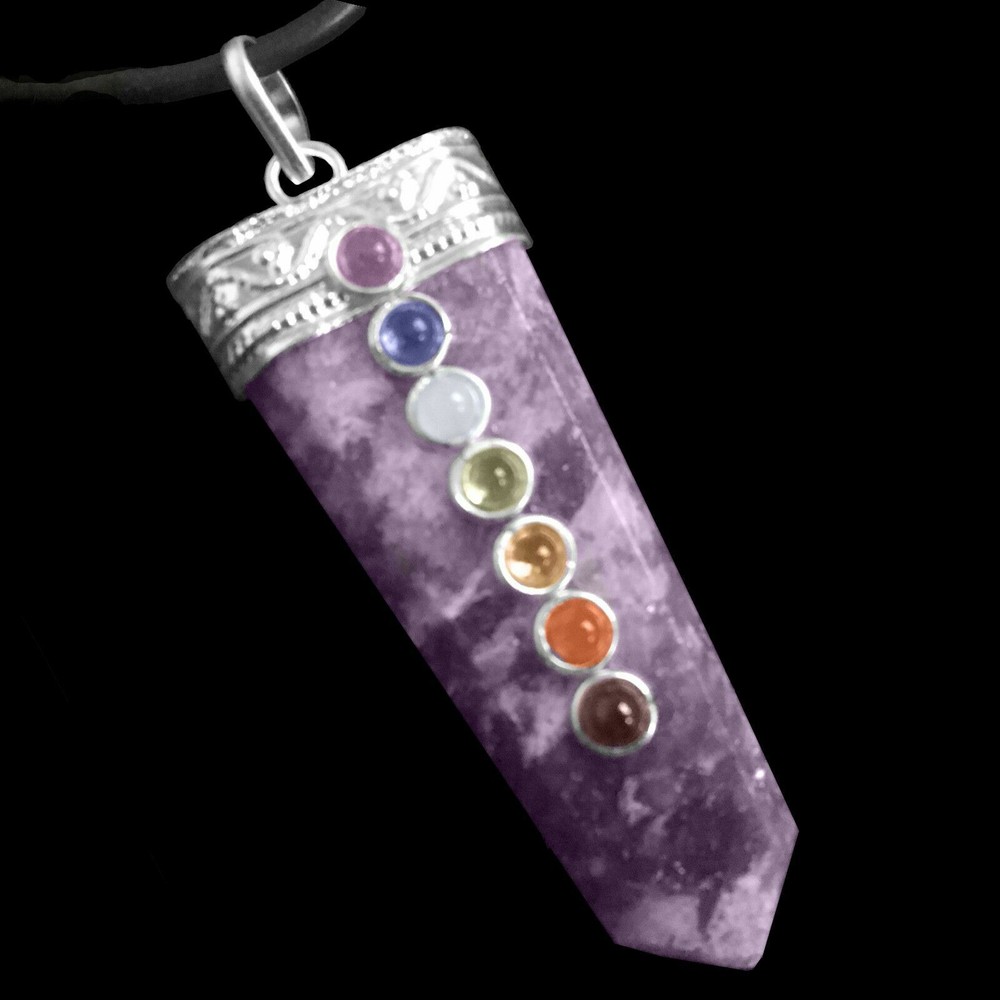 Purple Lepidolite 7 Chakra Gemstone Pendant Crystal Point Necklace Reiki Healing