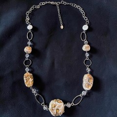 Artisan Lampwork Art Glass Necklace MOP Crystal Silver Tone Long Adjustable 30″