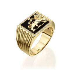 Lion of Judah In 14K Yellow Gold Jewish Men’s Ring Diamond Black Onyx Signet