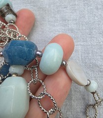 Long textured Link Barse faceted Blue Stones MOP 36” openwork scroll Necklace A9