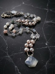 Soft Pink Pearl Crystal and Labradorite Hand Knotted Beaded Necklace 24 inches