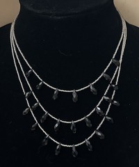 Black Faceted Teardrop Triple Layer Seed Beaded Statement Necklace 925 Clasp