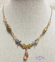 Peach Vtg Briolette Glass Pendant Brass Flower Butterfly Necklace Artisan