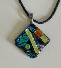 Handmade Fused Dichroic Glass Pendant Necklce Colorful Abstract Geometric Square