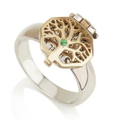 Tree of Life Priestly Blessing Kabbalah Ring In 14K Gold & Silver Green Emerald