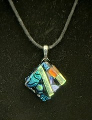 Handmade Fused Dichroic Glass Pendant Necklce Colorful Abstract Geometric Square