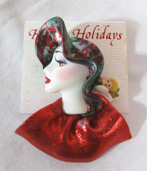 Vintage Porcelain LADY’S FACE Brooch Hand Painted Christmas Themed NOS (E)