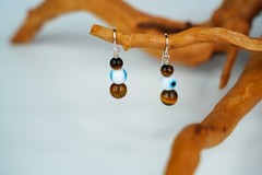 New Sterling Silver Tigers Eye Blue Glass Eye Bead Dangle Earrings 3.5cm