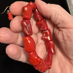 Vintage Handcrafted Chunky Red Coral Stretch Bracelet, Earrings Boho Beach Ocean