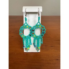 Handmade Beaded Mexican Huichol earrings turquoise seed beads crystal accents