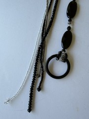 Black Onyx W/ Gold, Clear & Black Glass In 32” Lariat Necklace Adjustable