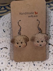 Hand Assembled Puppy Dog Face Dangle Hook Earrings Beige Brown Cute Pet