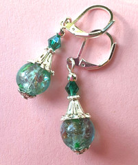 teal green LAMPWORK LIGHT WEIGHT DROP earring SP LEVERBACK handcrafted XLW