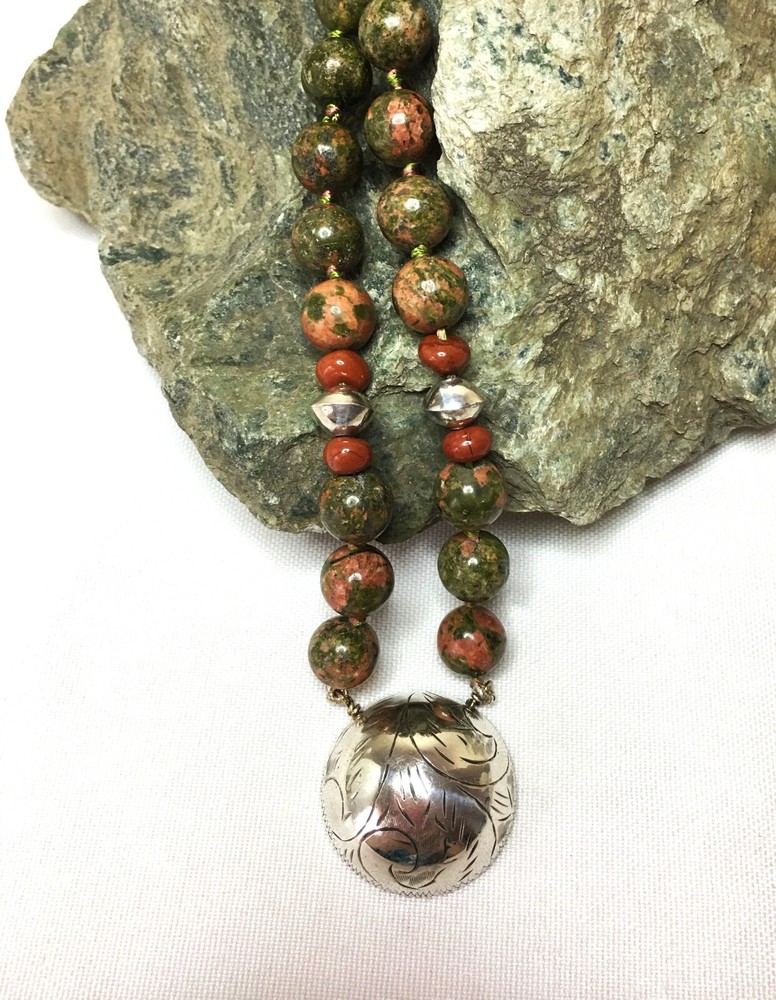 Nat. Unakite, Red Jasper, Ethnic Sterling Silver Handmade necklace, knotted, 19″
