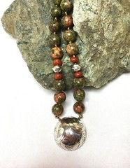 Nat. Unakite, Red Jasper, Ethnic Sterling Silver Handmade necklace, knotted, 19″