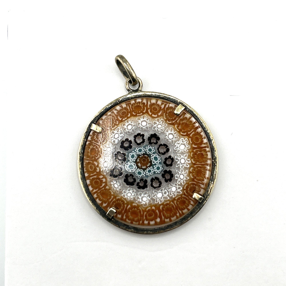Murano Glass Millefiori of Venice Pendant Orange, White, Black measures 1.5″ dia