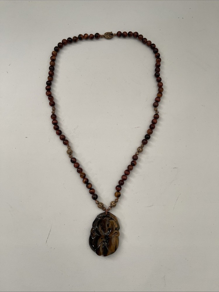 Carved Tiger’s Eye Beaded Pendant W/ Filigree Beads Necklace Made In India 24″