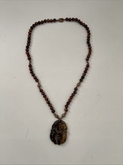 Carved Tiger’s Eye Beaded Pendant W/ Filigree Beads Necklace Made In India 24″