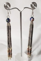 Sterling silver long earrings, green/white/brown jade w/ sterling silver beads