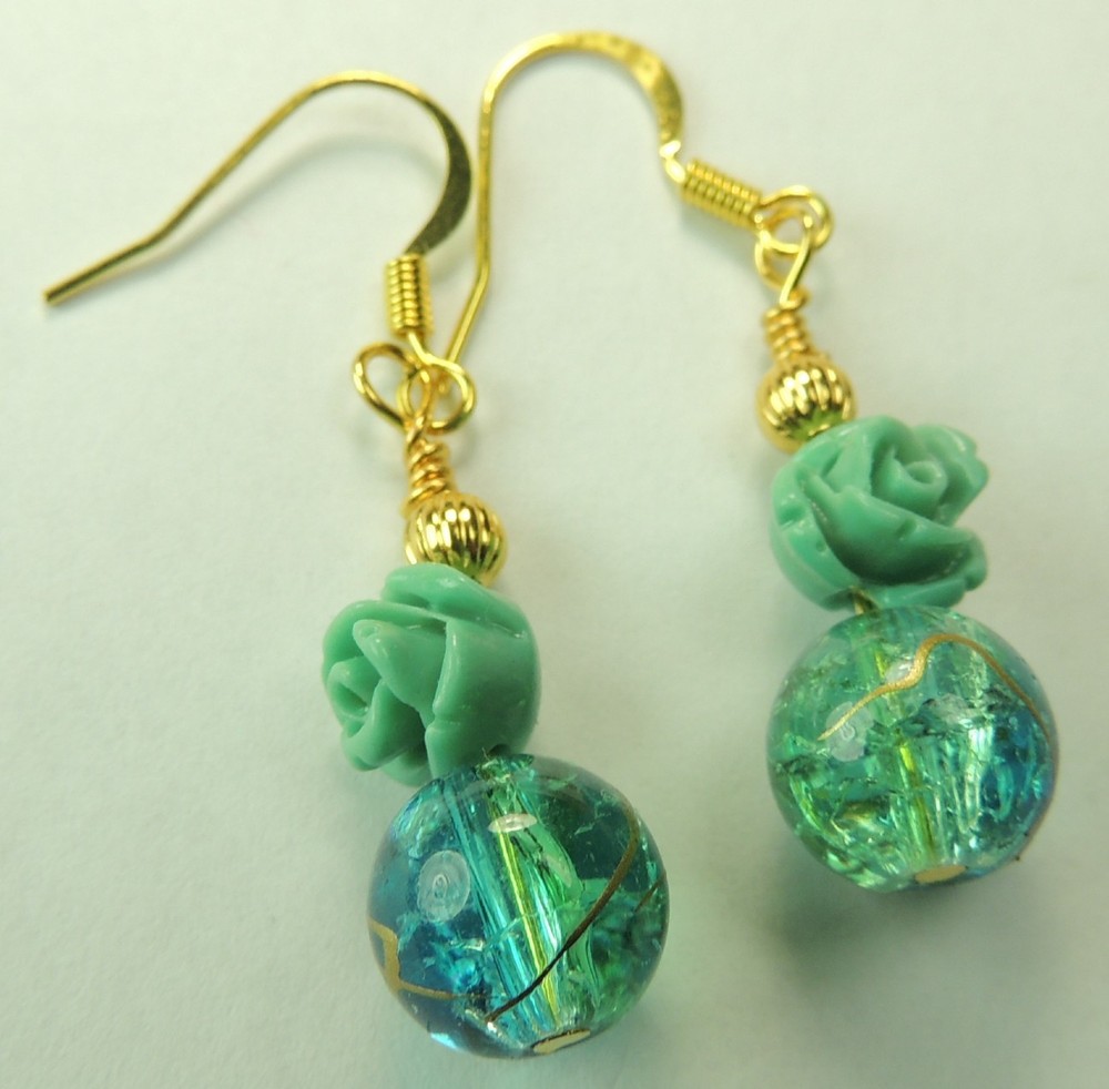 Round Turquoise Glass & Gold Etched Earrings Turquoise Roses Handmade Jewelry