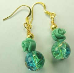 Round Turquoise Glass & Gold Etched Earrings Turquoise Roses Handmade Jewelry