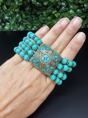 Turquoise Beaded Cuff Bracelet Mosaic Boho Southwest Stretch Wide