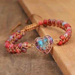 Natural Red Heart Imperial Jasper Beads Braided Healing Boho Bracelet