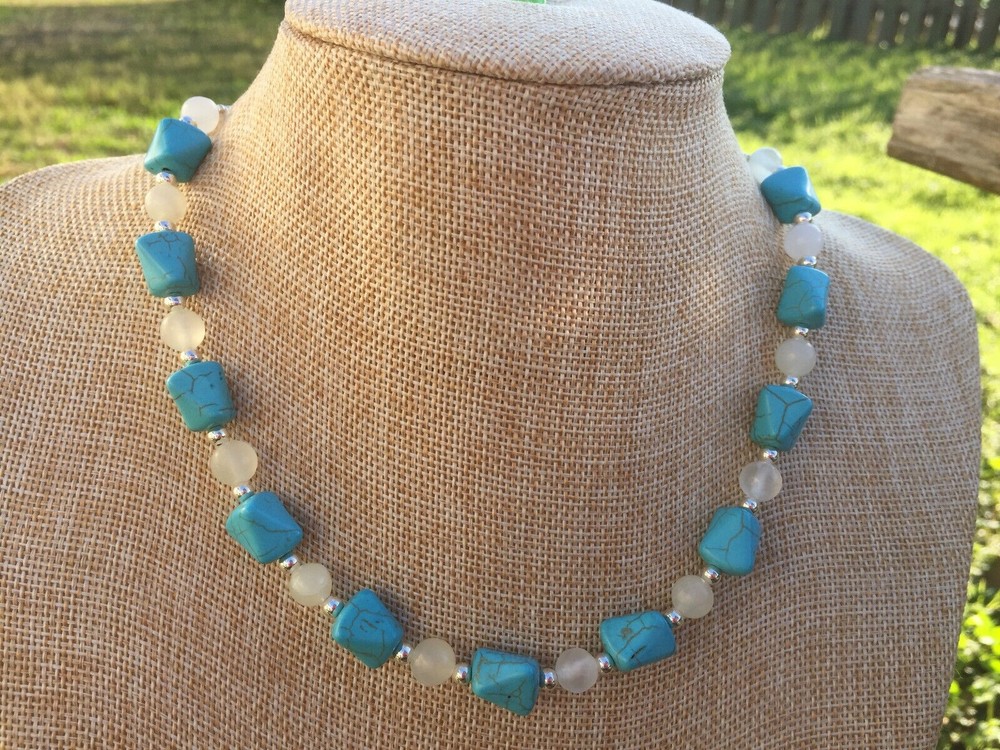 Handmade Necklace of Turquoise Magnesite and White Italian Onyx Stone Beads