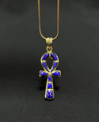 Brass Ankh Key of Life Pendant Blue Stone Egyptian Necklace